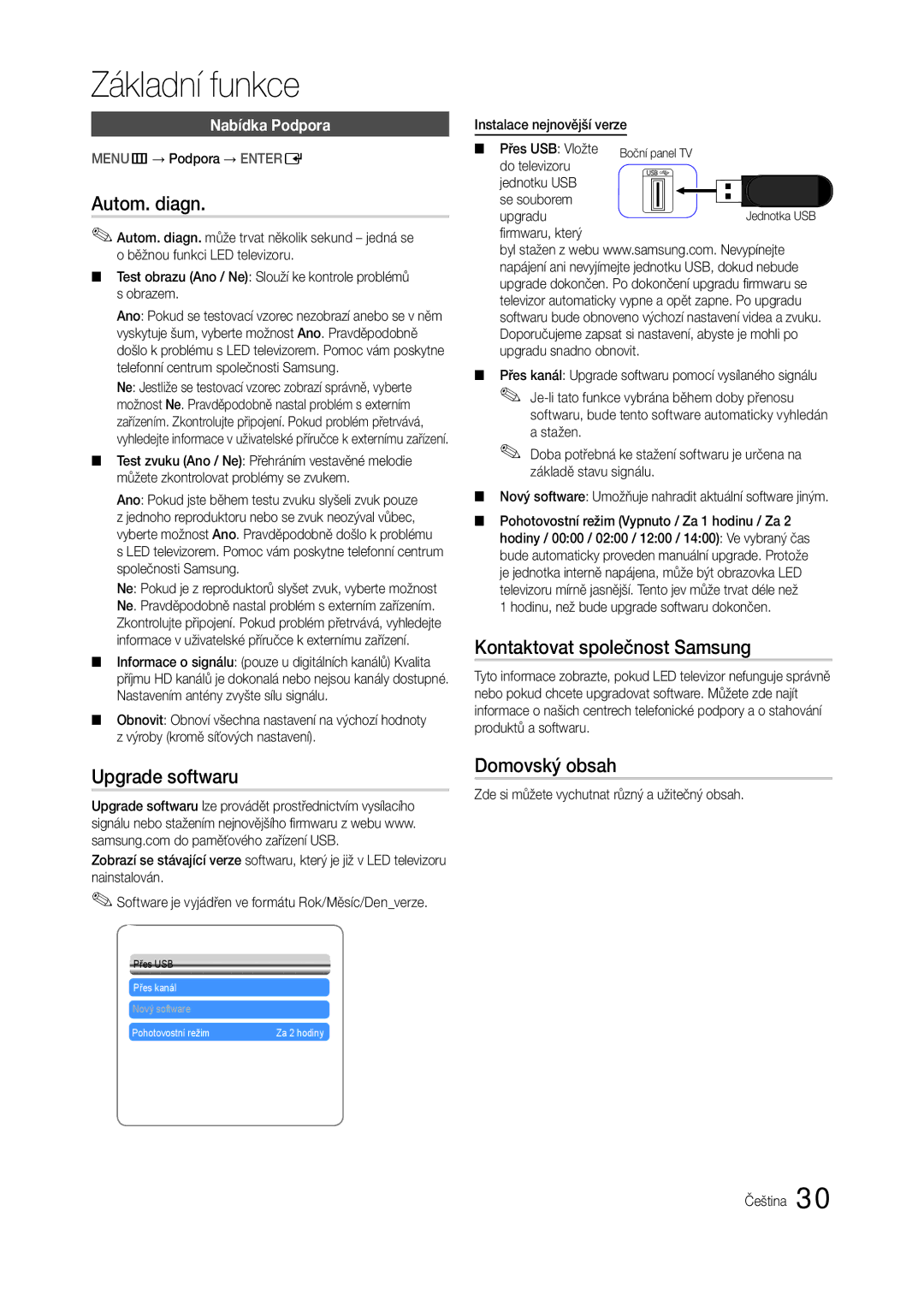 Samsung LT24B300EEZ/EN, LS24B300BLZ/EN manual Autom. diagn, Upgrade softwaru, Kontaktovat společnost Samsung, Domovský obsah 