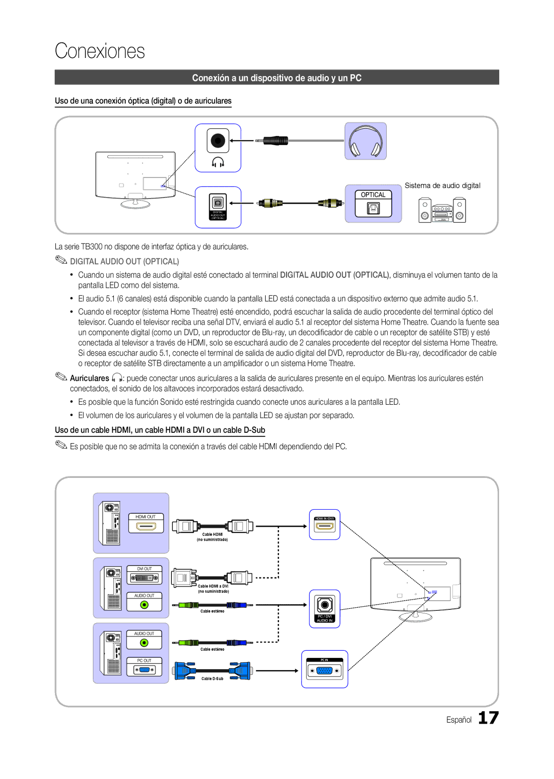 Samsung LT19B300EW/EN Conexión a un dispositivo de audio y un PC, Uso de una conexión óptica digital o de auriculares 