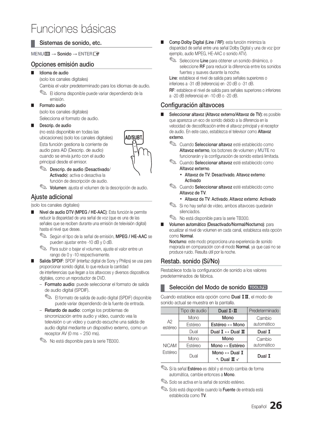 Samsung LT19B300EW/EN manual Opciones emisión audio, Ajuste adicional, Configuración altavoces, Restab. sonido Sí/No 