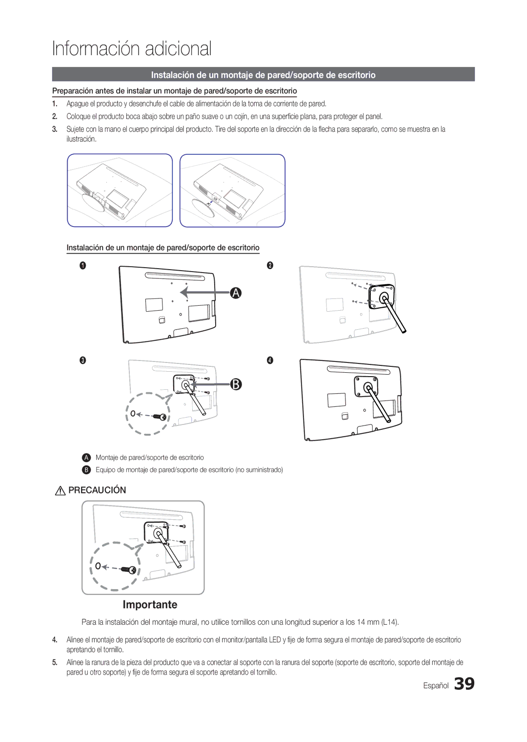 Samsung LT24B300EEC/EN, LT24B300EEZ/EN, LT22B350EW/EN Importante, Instalación de un montaje de pared/soporte de escritorio 