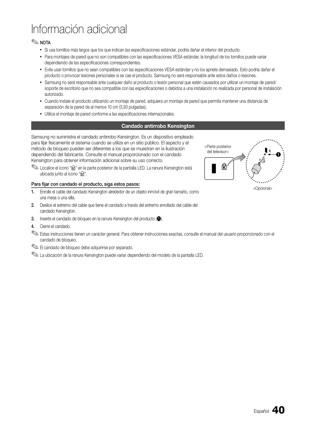 Samsung LT23B350EW/EN manual Candado antirrobo Kensington, Para fijar con candado el producto, siga estos pasos, Opcional 