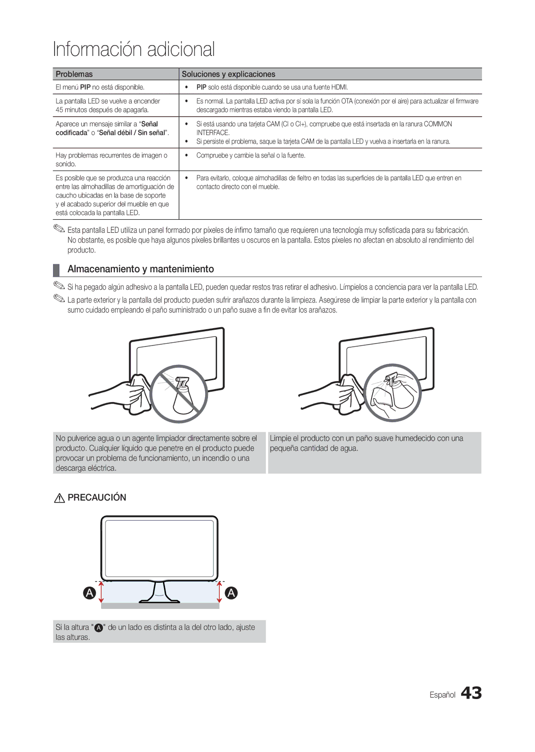 Samsung LT27B300EW/EN Almacenamiento y mantenimiento, De un lado es distinta a la del otro lado, ajuste Español, Interface 