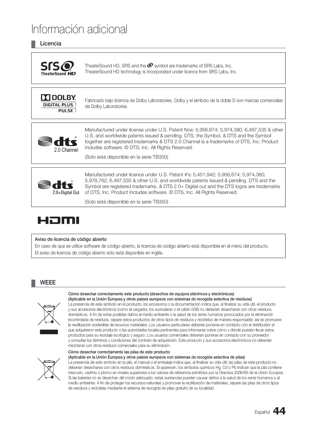 Samsung LT19B300EW/EN, LT24B300EEZ/EN, LT22B350EW/EN, LT24B300EW/EN, LT24B300EEC/EN, LT23B350EW/EN manual Licencia, Weee 