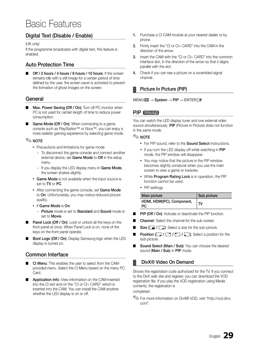 Samsung LT22B350EWH/CI manual Digital Text Disable / Enable, Auto Protection Time, General, Common Interface, PIP t 