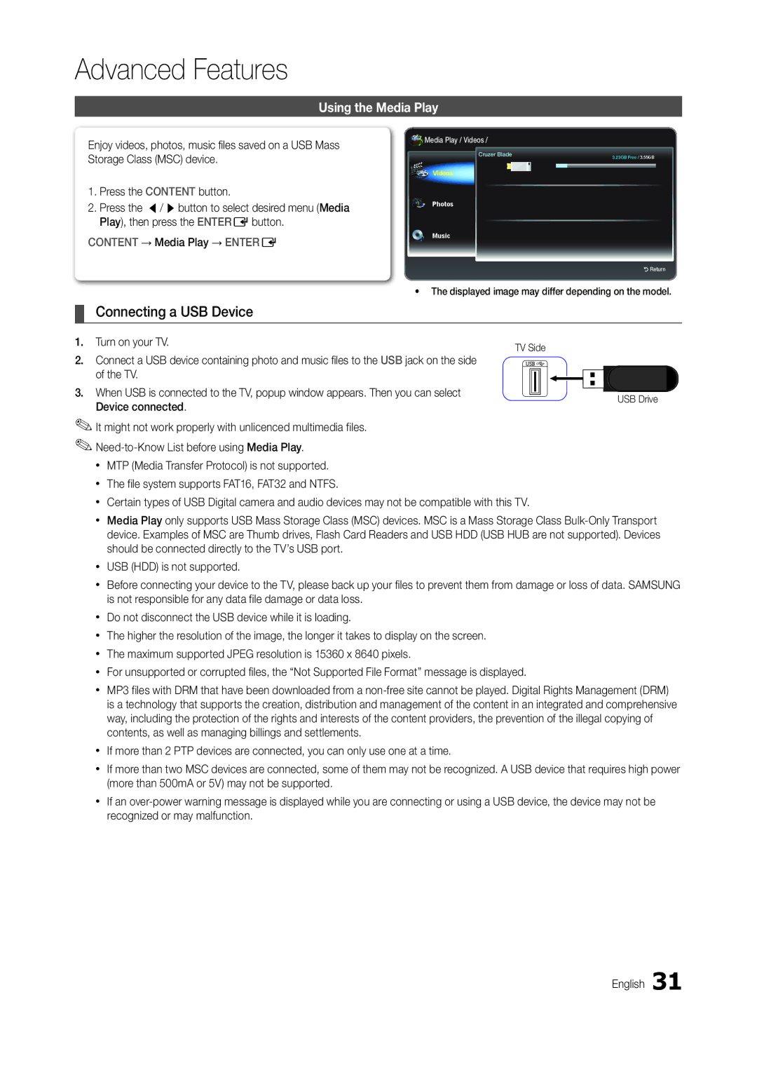 Samsung LT24B300EW/CI Advanced Features, Connecting a USB Device, Using the Media Play, Turn on your TV, Device connected 