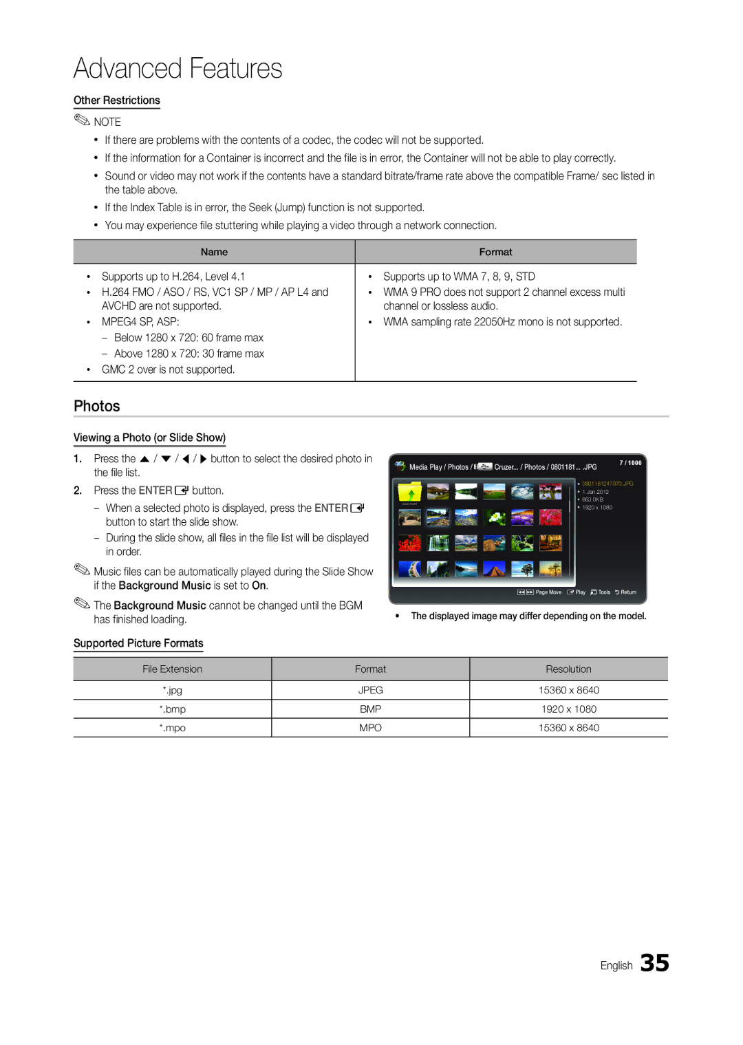 Samsung LT24B301EW/CI manual Photos, Avchd are not supported Channel or lossless audio, Below 1280 x 720 60 frame max 