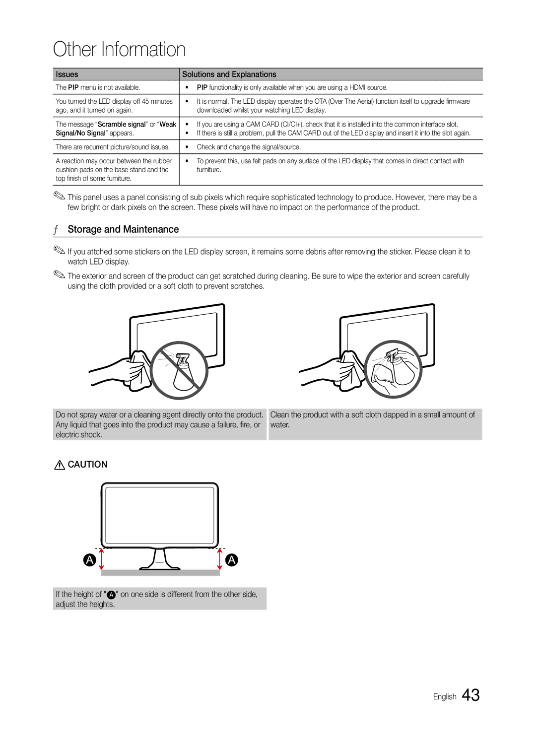 Samsung LT22B350EW/EN manual Storage and Maintenance, On one side is different from the other side English, Furniture 