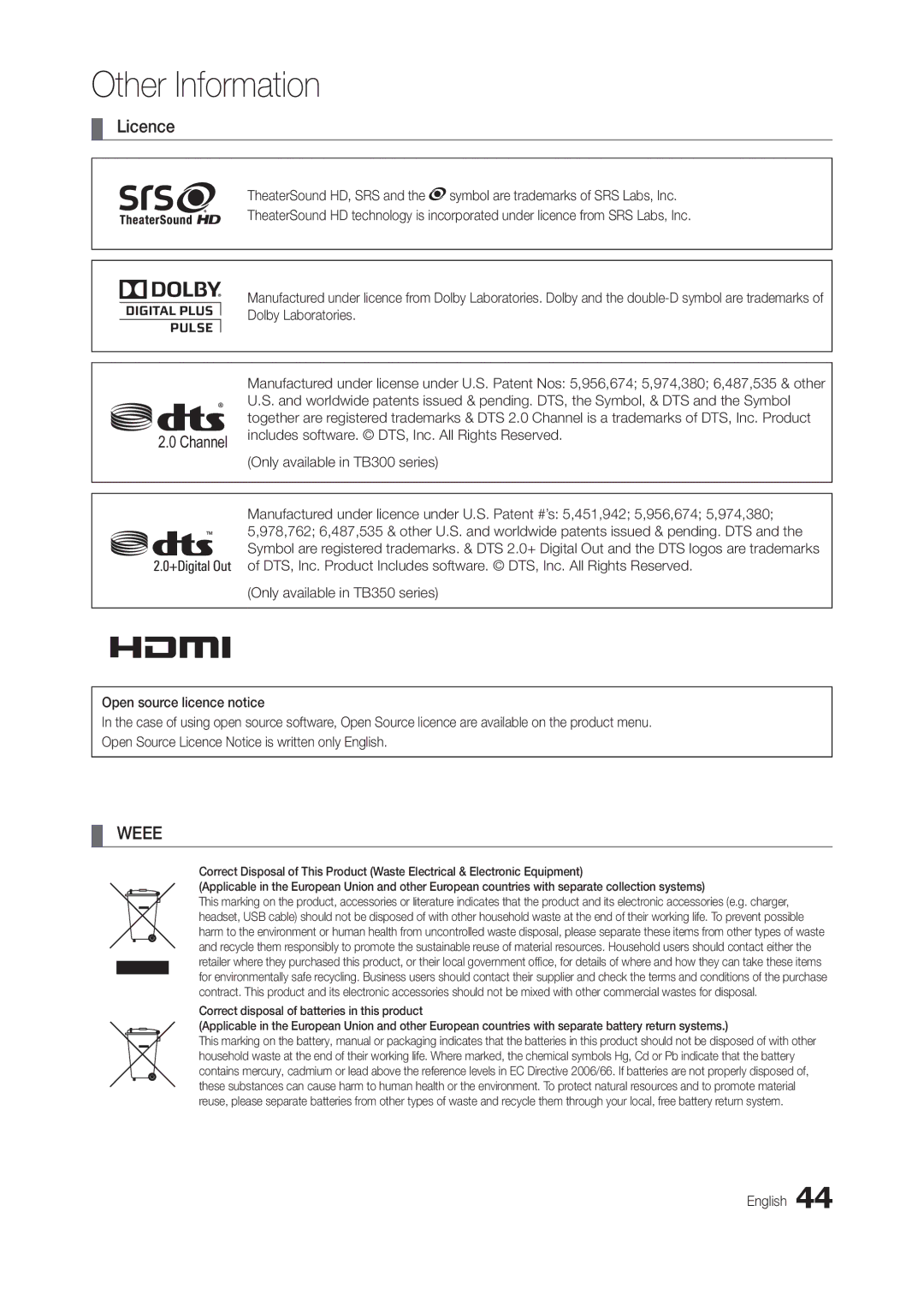 Samsung LT27B300EWY/EN, LT24B300EEZ/EN, LT24B300EE/EN, LS24B300BLZ/EN, LT22B350EW/EN, LT24B300EW/EN manual Licence, Weee 