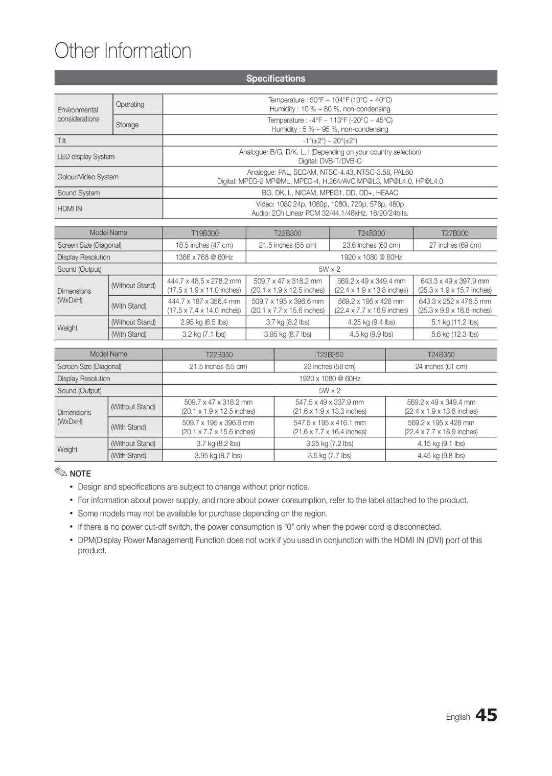 Samsung LT24B300EW/EN, LT24B300EEZ/EN, LT24B300EE/EN, LS24B300BLZ/EN, LT22B350EW/EN, LT27B300EWY/EN manual Specifications 