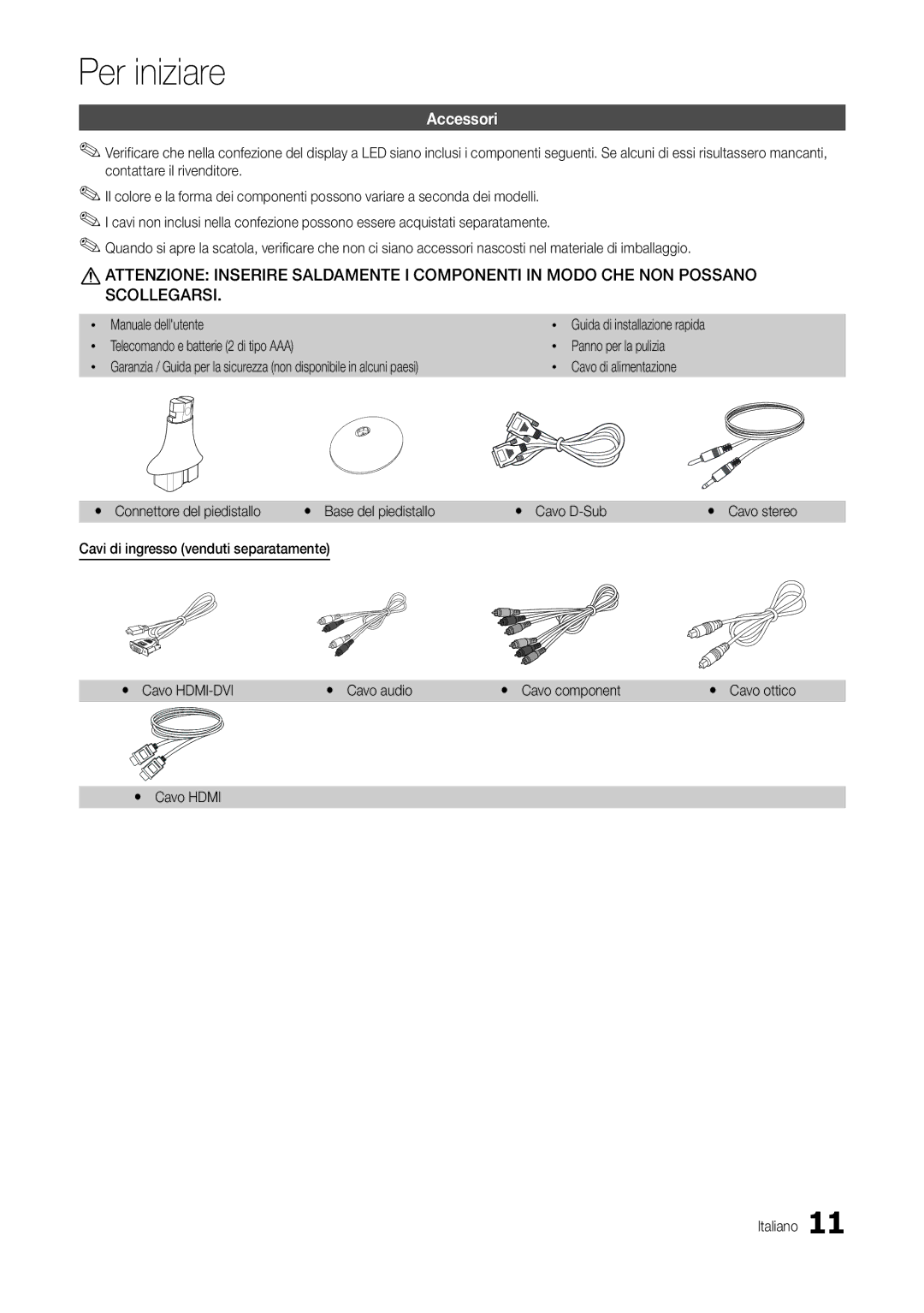 Samsung LS24B300BL/EN, LT24B300EEZ/EN manual Accessori, Manuale dellutente, Yy Cavo Hdmi Italiano, Cavo di alimentazione 