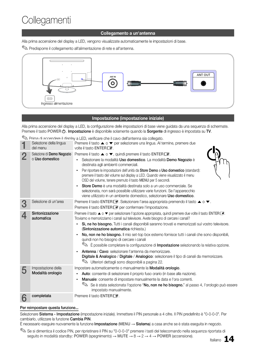 Samsung LT24B300EE/EN, LT24B300EEZ/EN manual Collegamenti, Collegamento a unantenna, Impostazione impostazione iniziale 