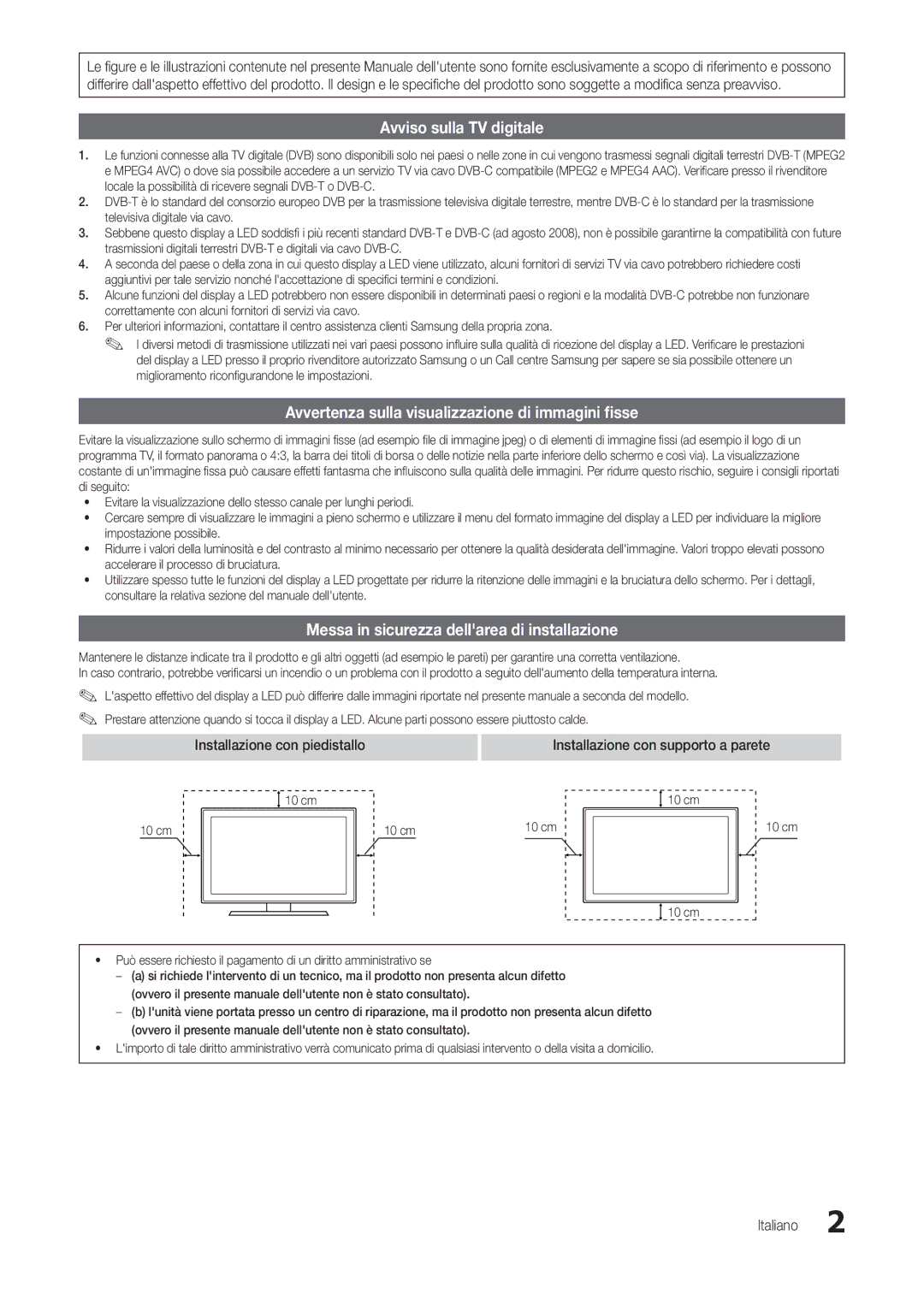 Samsung LT22B350EW/EN manual Avviso sulla TV digitale, Avvertenza sulla visualizzazione di immagini fisse, Italiano, 10 cm 