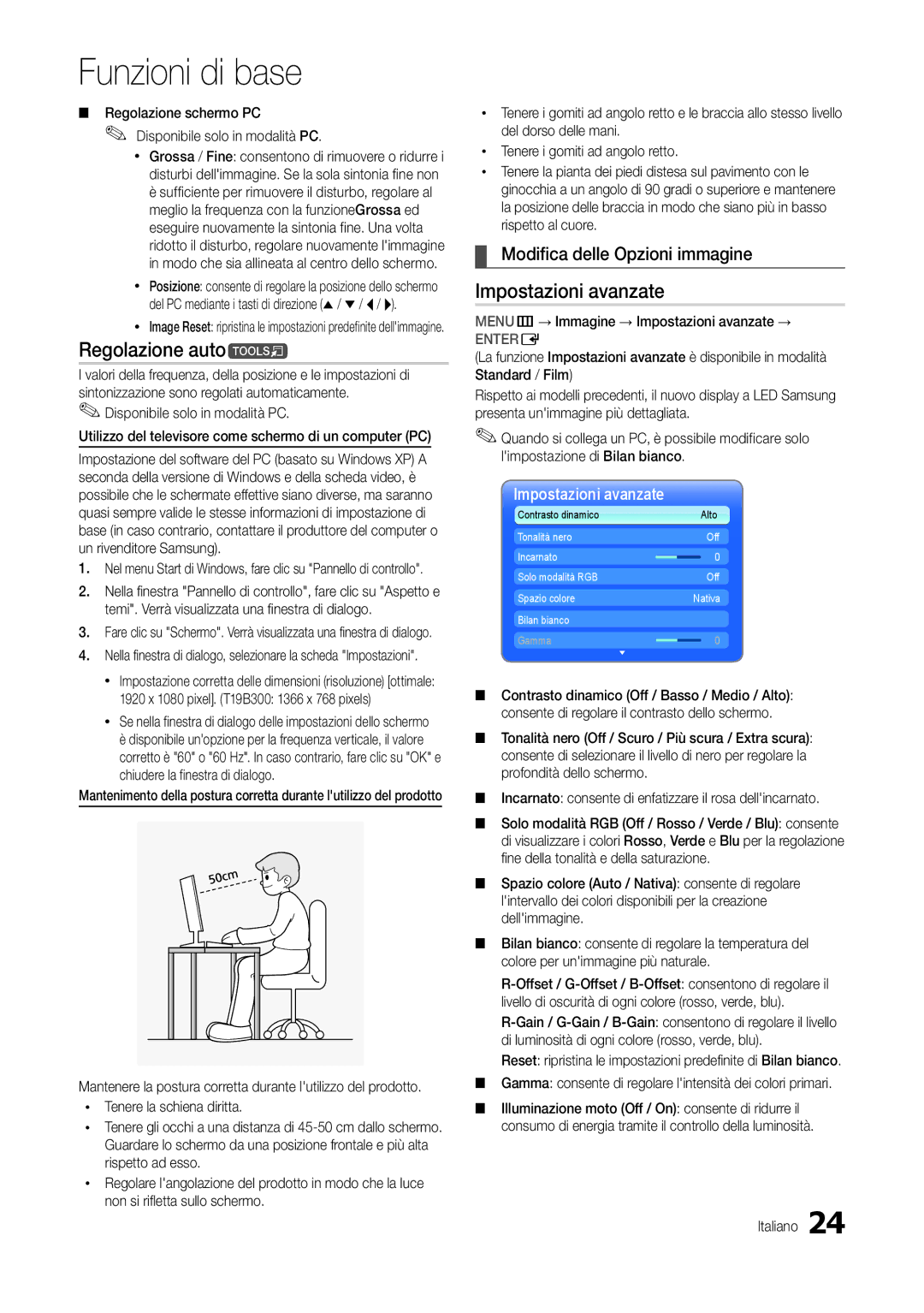 Samsung LS24B300BL/EN, LT24B300EEZ/EN manual Regolazione autot, Impostazioni avanzate, Modifica delle Opzioni immagine 