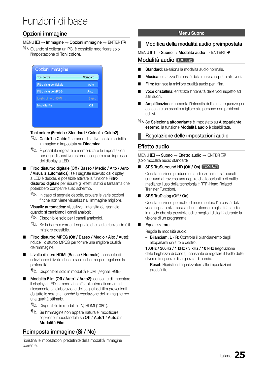 Samsung LT19B300EW/EN, LT24B300EEZ/EN manual Opzioni immagine, Reimposta immagine Sì / No, Modalità audio t, Effetto audio 