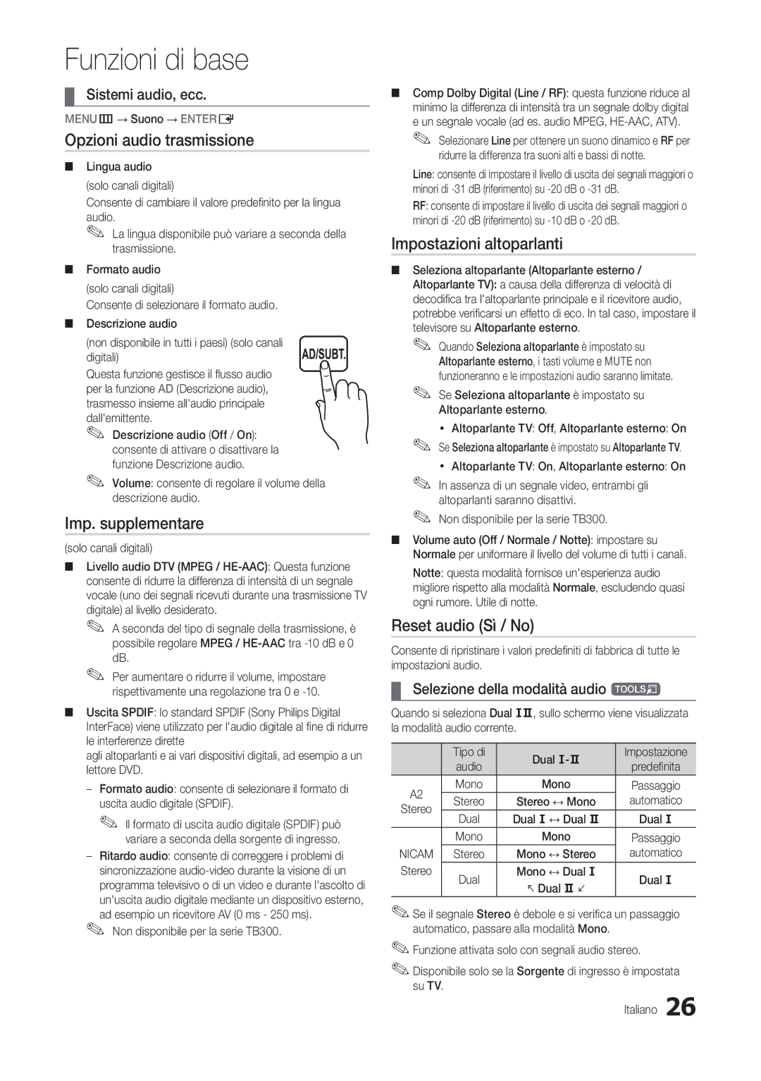 Samsung LT24B300EEZ/EN Opzioni audio trasmissione, Imp. supplementare, Impostazioni altoparlanti, Reset audio Sì / No 