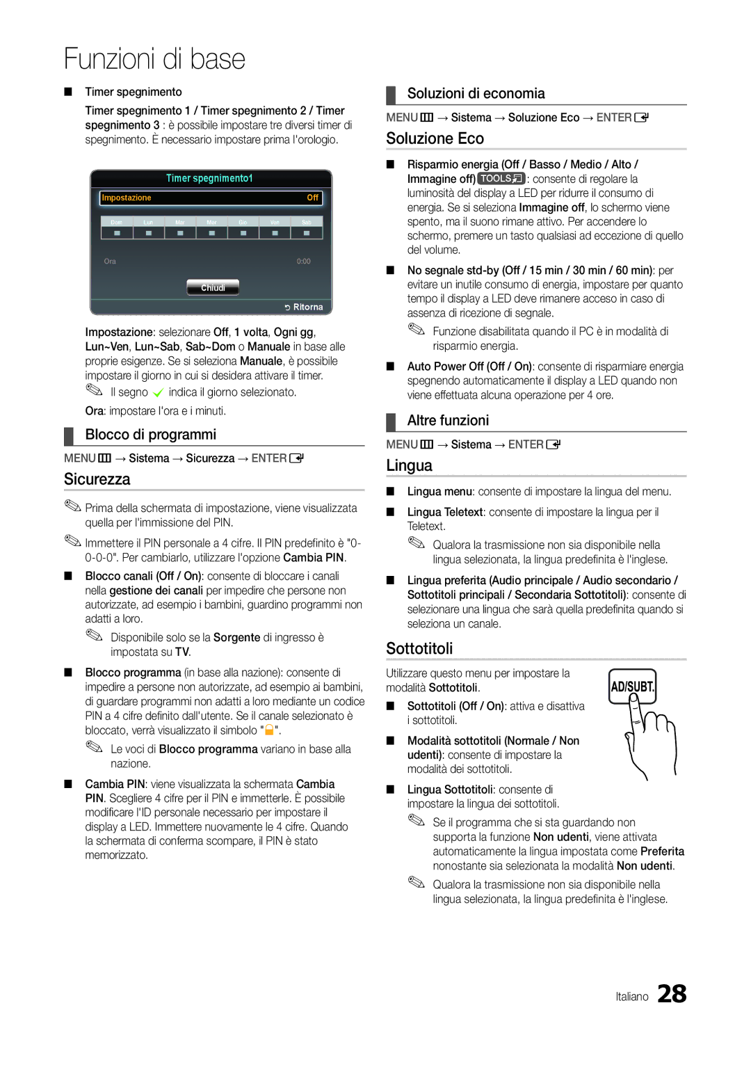 Samsung LT22B350EW/EN, LT24B300EEZ/EN, LT24B300EE/EN, LT27B300EWY/EN manual Sicurezza, Soluzione Eco, Lingua, Sottotitoli 