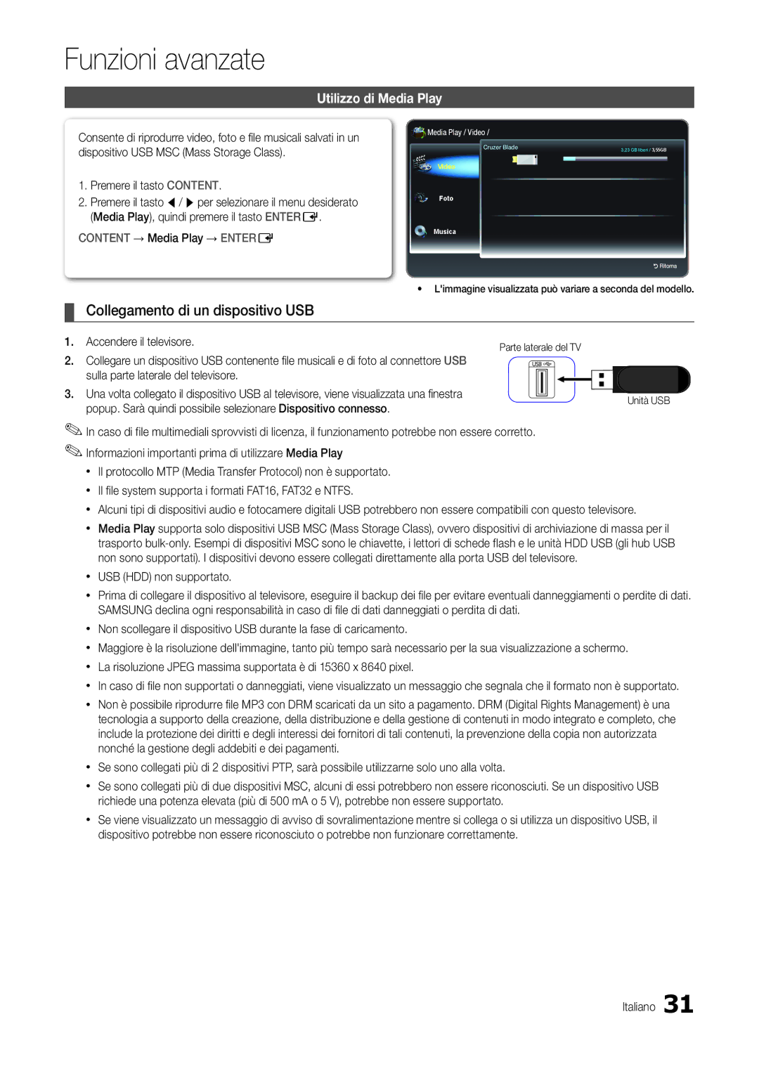 Samsung LT24B300EEC/EN, LT24B300EEZ/EN manual Funzioni avanzate, Collegamento di un dispositivo USB, Utilizzo di Media Play 