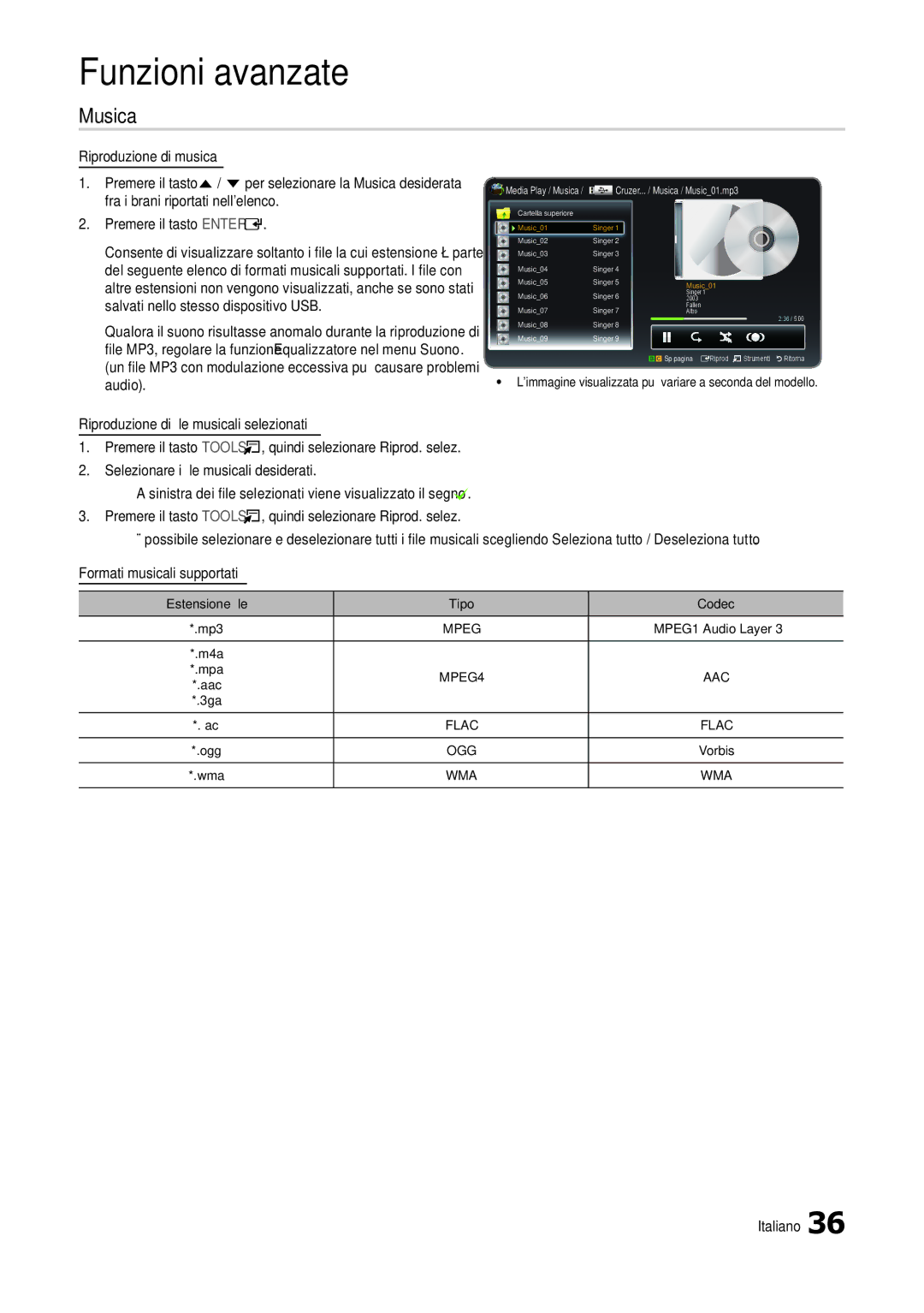 Samsung LT27B300EW/EN, LT24B300EEZ/EN Musica, Riproduzione di file musicali selezionati, Estensione file Tipo Codec Mp3 