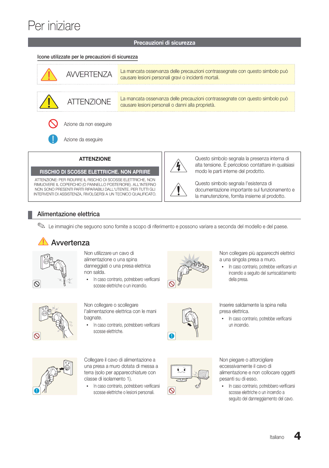 Samsung LT24B300EW/EN, LT24B300EEZ/EN, LT24B300EE/EN manual Per iniziare, Alimentazione elettrica, Precauzioni di sicurezza 