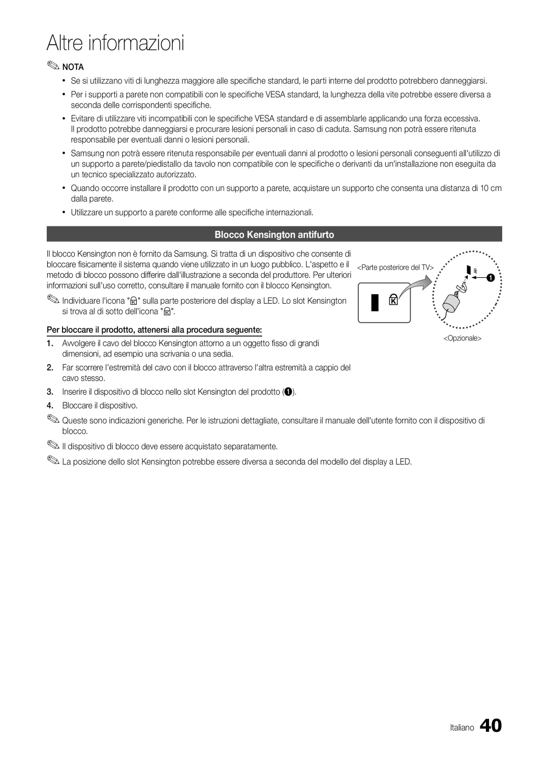 Samsung LT24B300EE/EN, LT24B300EEZ/EN, LT22B350EW/EN, LT27B300EWY/EN, LT24B300EW/EN Blocco Kensington antifurto, Opzionale 