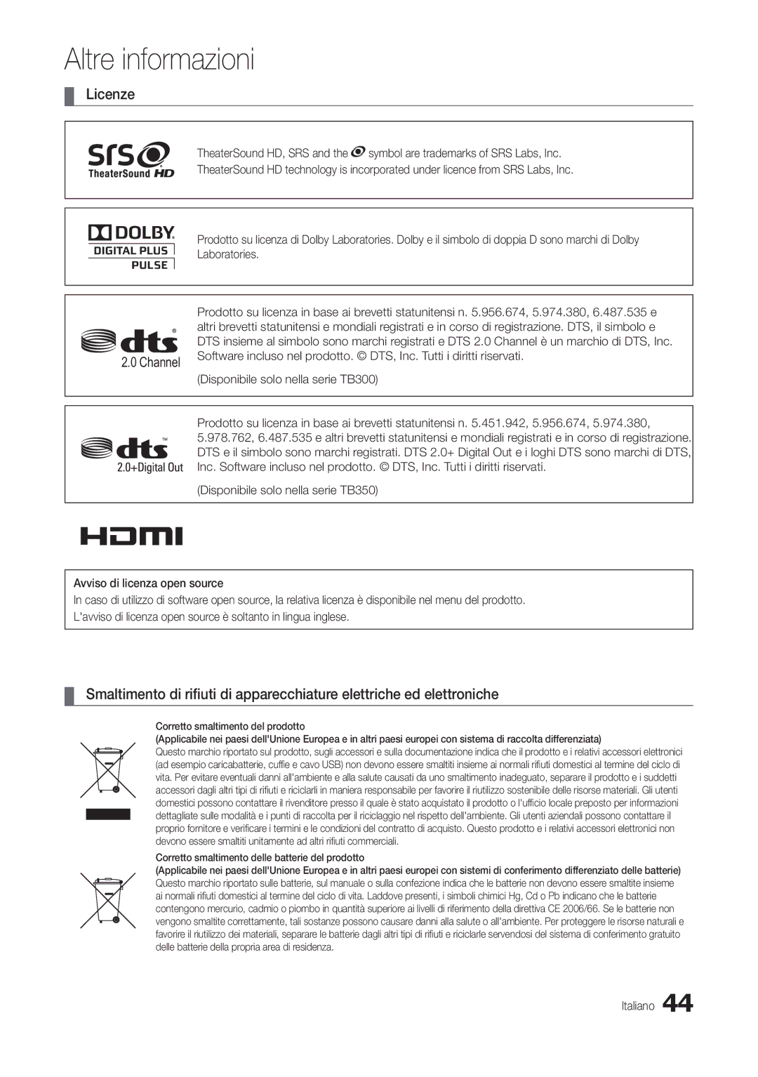 Samsung LT24B300EEC/EN manual Licenze, Disponibile solo nella serie TB300, Corretto smaltimento delle batterie del prodotto 