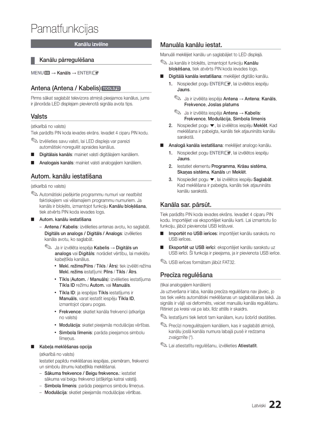 Samsung LS24B300BL/EN, LT24B300EEZ/EN Antena Antena / Kabelist, Valsts, Autom. kanālu iestatīšana, Manuāla kanālu iestat 