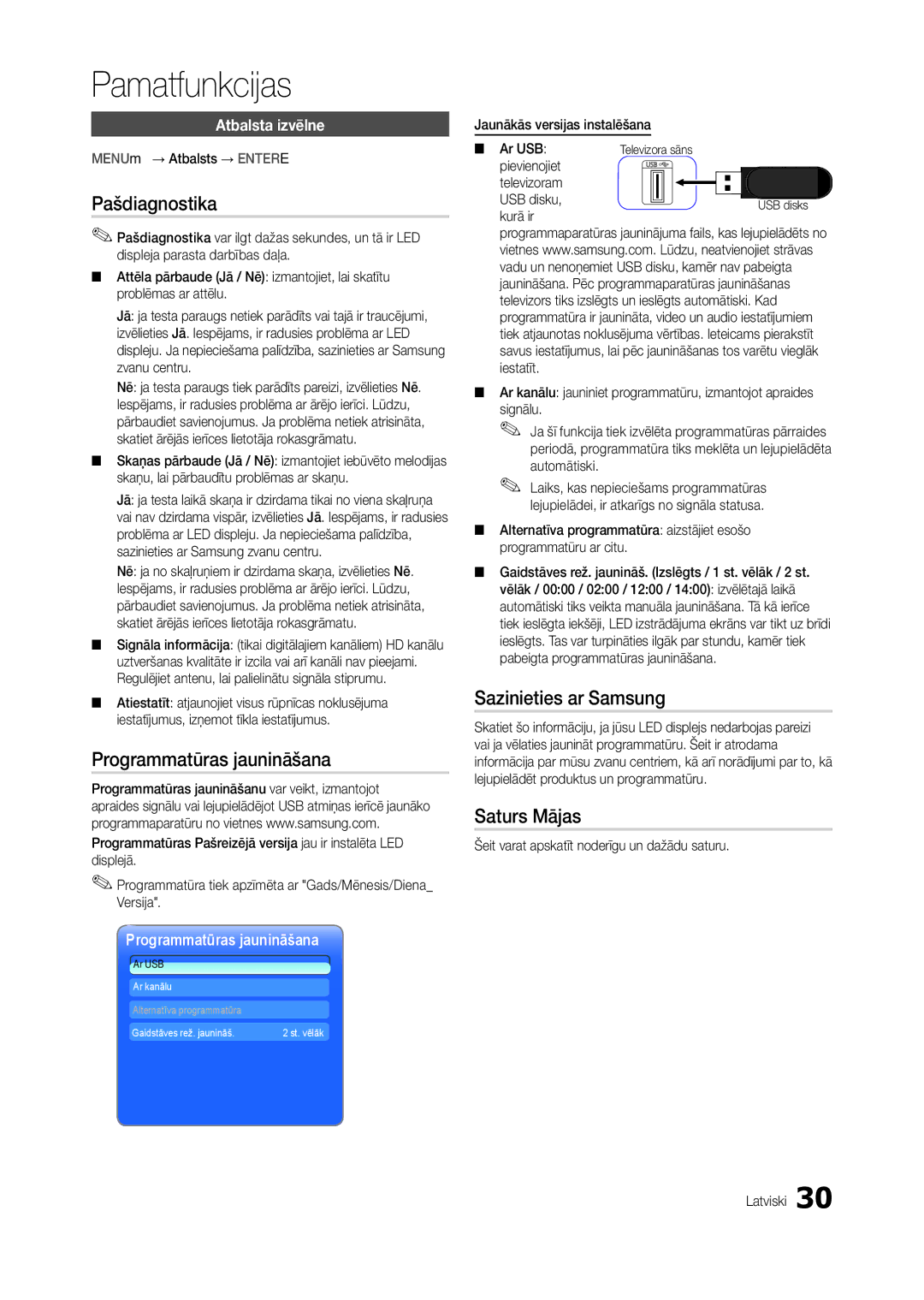 Samsung LT22B300EW/EN, LT24B300EEZ/EN Pašdiagnostika, Programmatūras jaunināšana, Sazinieties ar Samsung, Saturs Mājas 