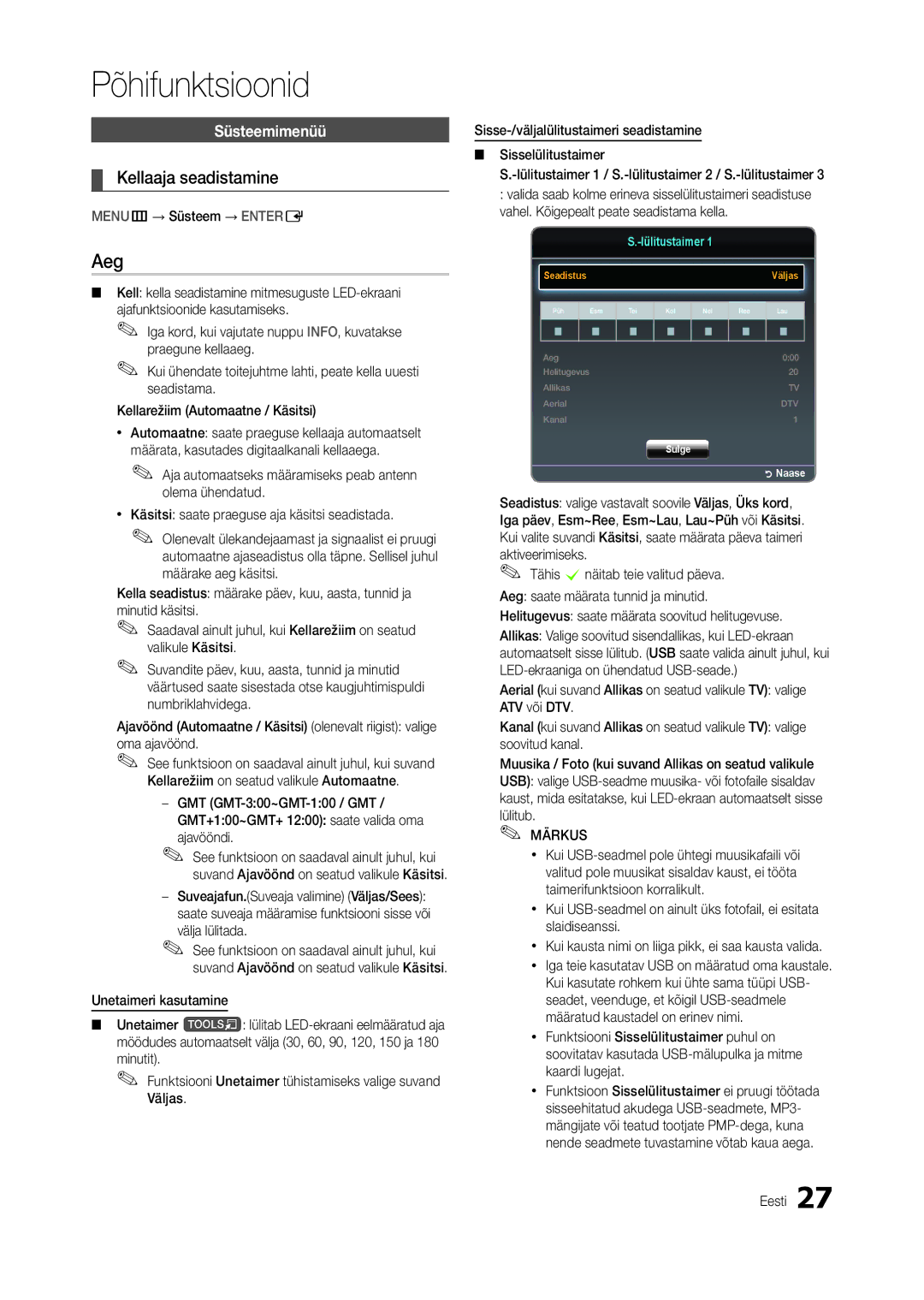 Samsung LT27B300EWY/EN, LT24B300EEZ/EN, LT24B300EE/EN Aeg, Kellaaja seadistamine, Süsteemimenüü, MENUm→ Süsteem → Entere 