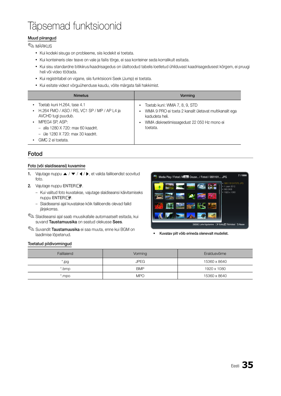 Samsung LT19B300EW/EN Fotod, Muud piirangud, Avchd tugi puudub Kadudeta heli, WMA diskreetimissagedust 22 050 Hz mono ei 