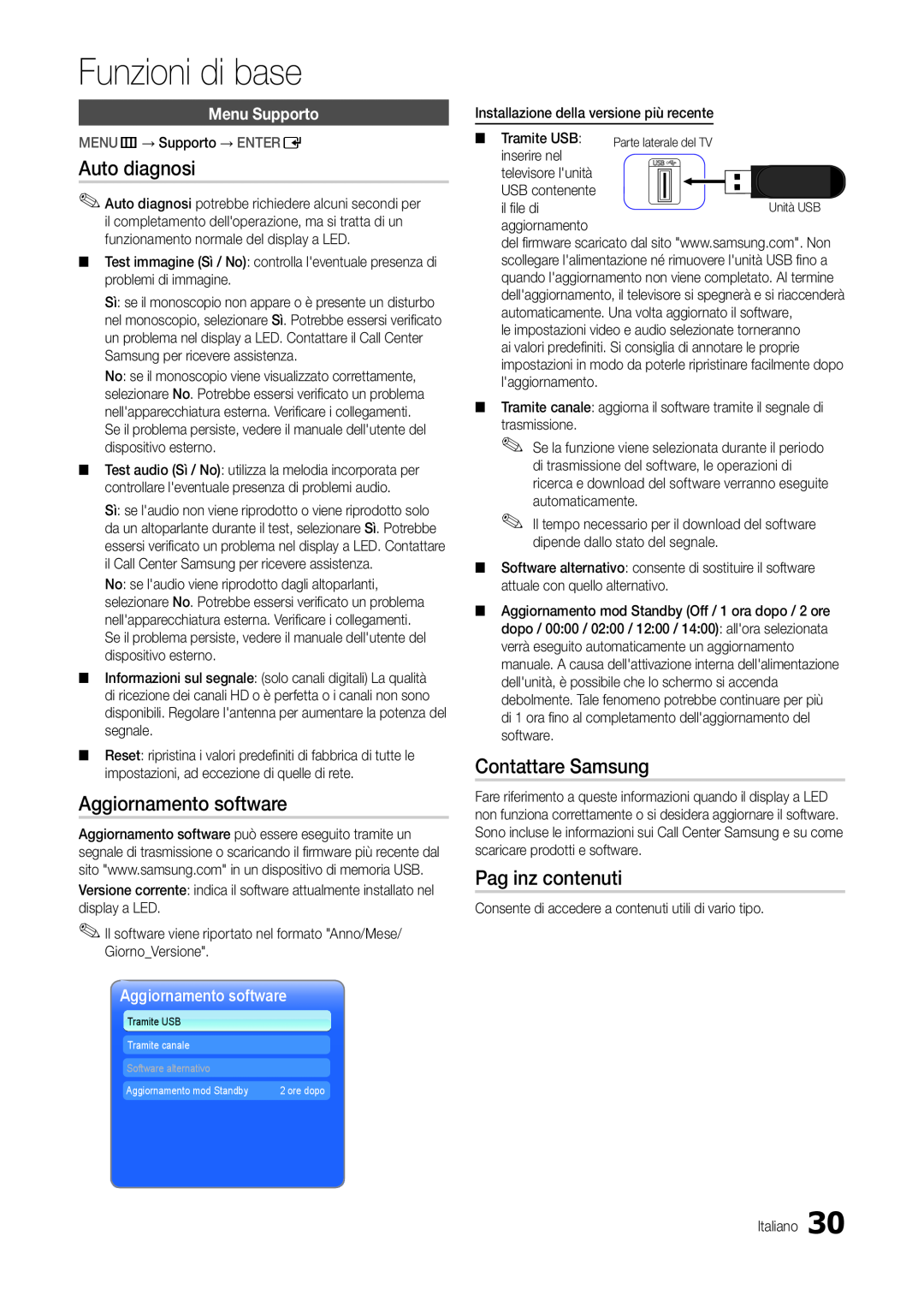 Samsung LT24B300EW/EN manual Auto diagnosi, Aggiornamento software, Contattare Samsung, Pag inz contenuti, Menu Supporto 