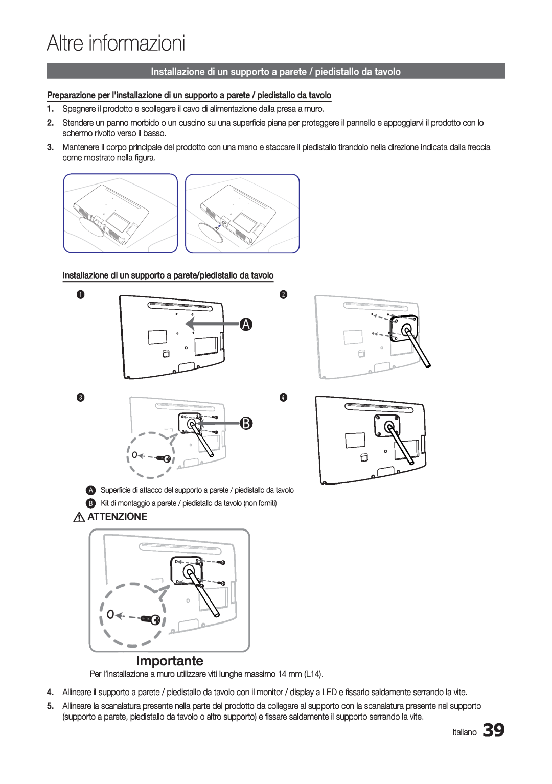 Samsung LT24B300EEZ/EN manual Importante, Installazione di un supporto a parete / piedistallo da tavolo, Altre informazioni 