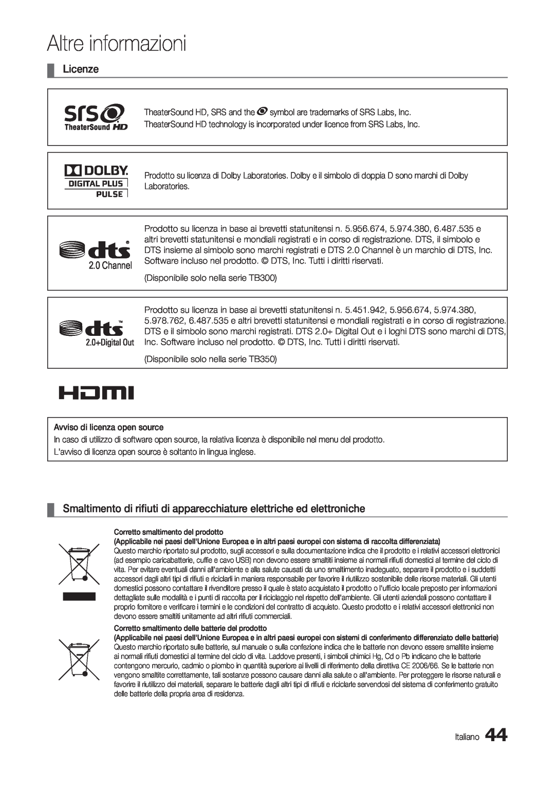 Samsung LT24B300EEC/EN Licenze, Smaltimento di rifiuti di apparecchiature elettriche ed elettroniche, Altre informazioni 