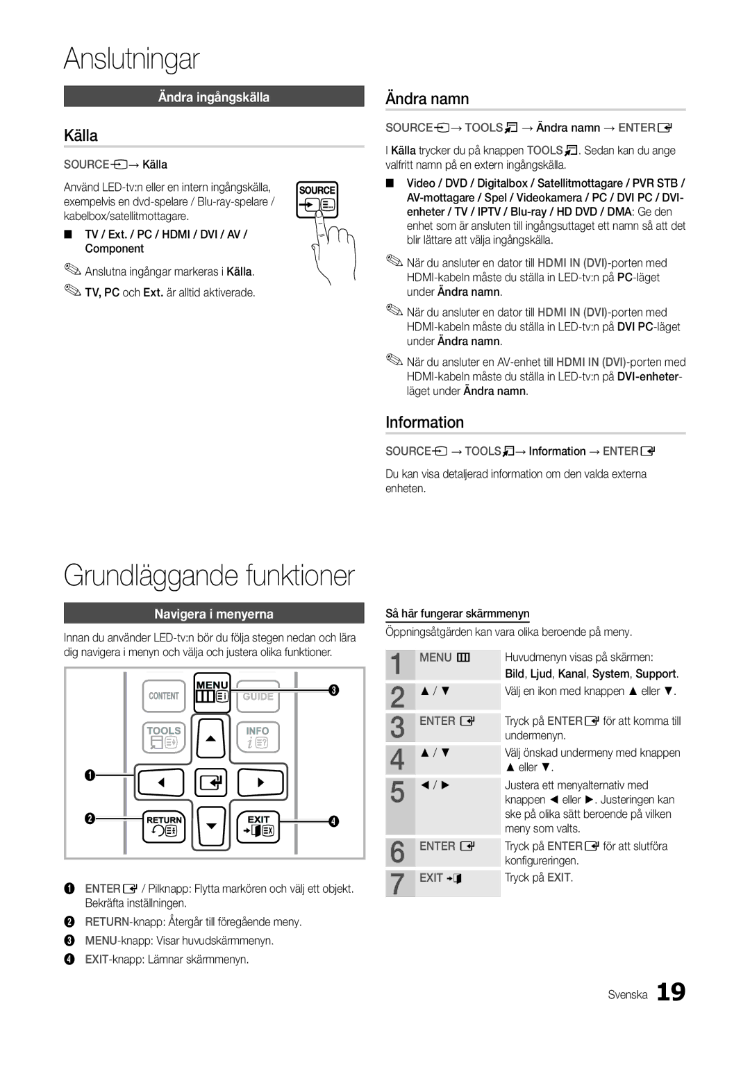 Samsung LT24B350EW/XE, LT24B300EW/XE, LT22B300EW/XE Källa, Ändra namn, Information, Ändra ingångskälla, Navigera i menyerna 