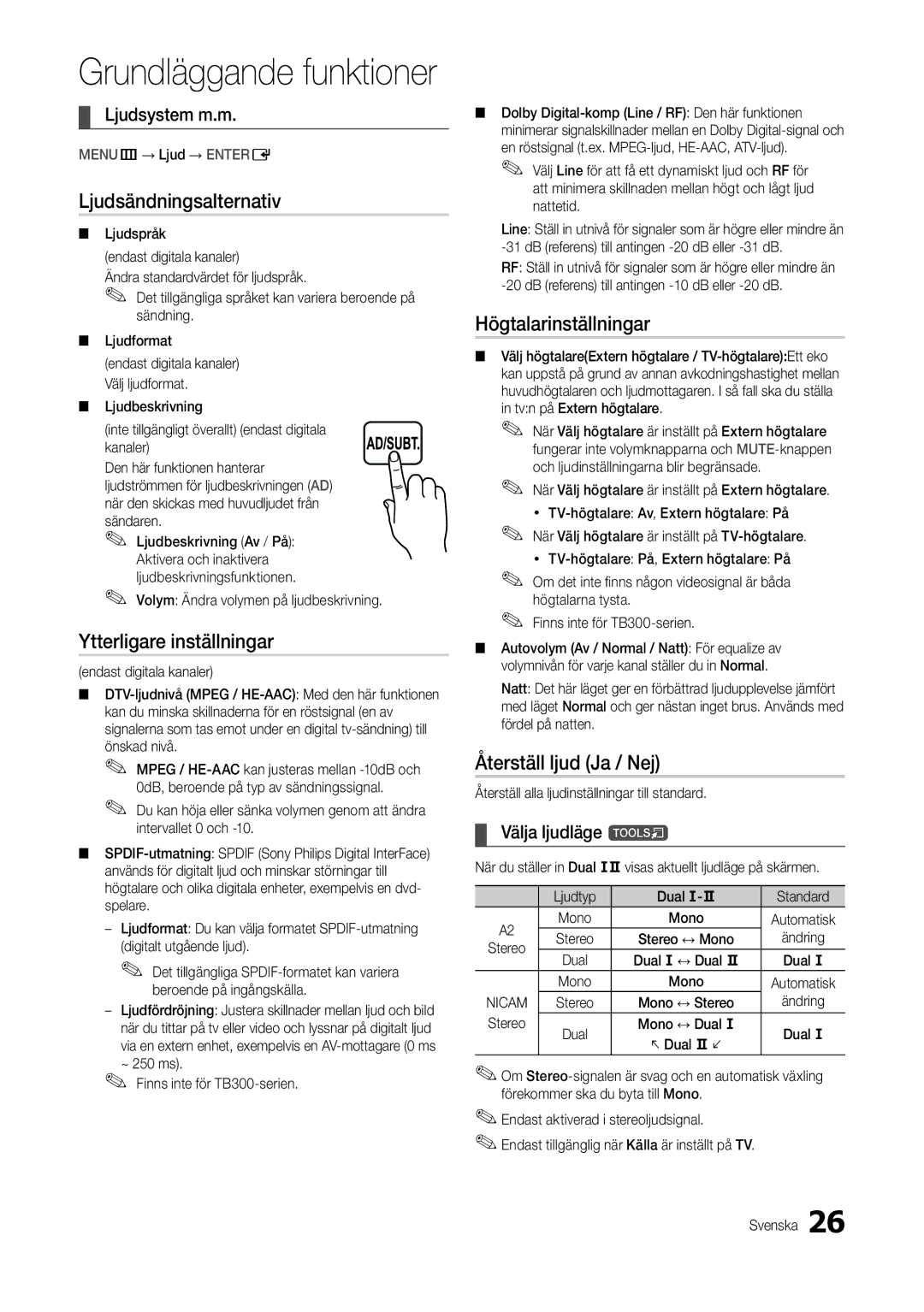 Samsung LT24B350EW/XE Ljudsändningsalternativ, Ytterligare inställningar, Högtalarinställningar, Återställ ljud Ja / Nej 