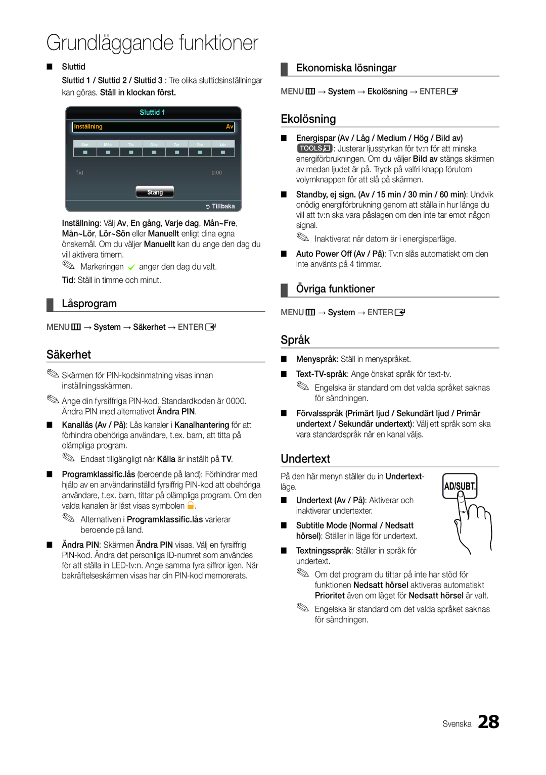 Samsung LT24B300EW/XE, LT22B300EW/XE, LT27B300EW/XE, LT22B350EW/XE, LT23B350EW/XE manual Säkerhet, Ekolösning, Språk, Undertext 