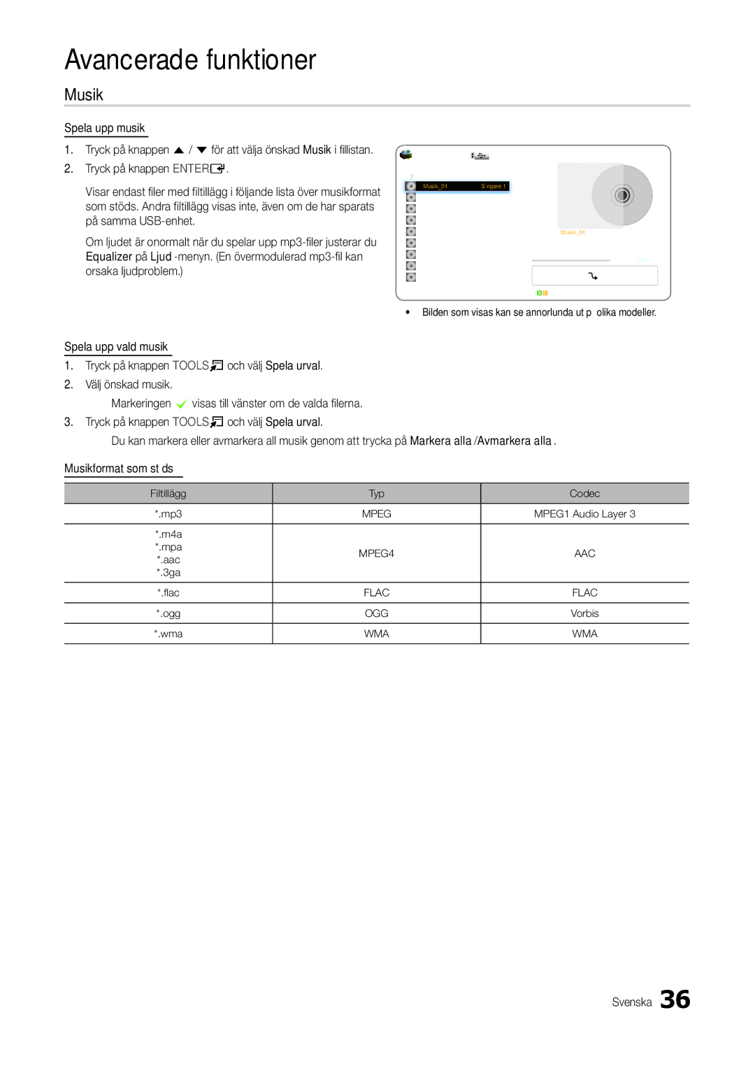 Samsung LT22B300EW/XE, LT24B300EW/XE, LT27B300EW/XE, LT22B350EW/XE manual Musik, Spela upp musik, Filtillägg Typ Codec Mp3 