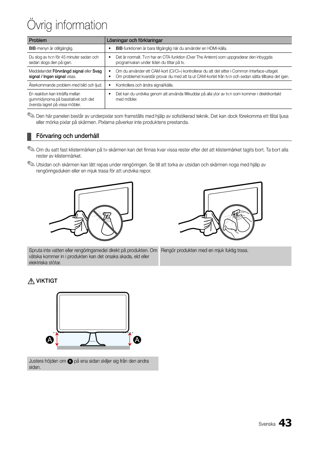 Samsung LT22B300EW/XE manual Förvaring och underhåll, Signal / Ingen signal visas, Kontrollera och ändra signal/källa 