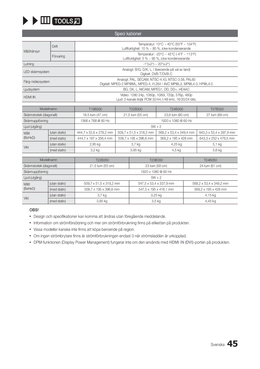 Samsung LT22B350EW/XE, LT24B300EW/XE, LT22B300EW/XE, LT27B300EW/XE, LT23B350EW/XE, LT24B350EW/XE manual Specifikationer 