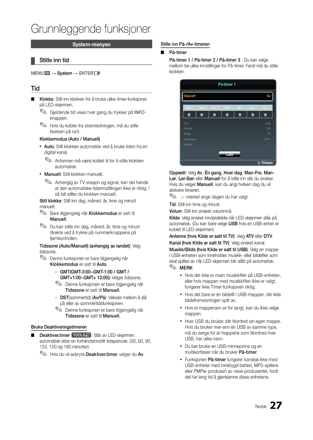 Samsung LT27B300EWY/XE, LT24B300EW/XE, LT22B300EW/XE manual Tid, Stille inn tid, System-menyen, MENUm→ System → Entere 