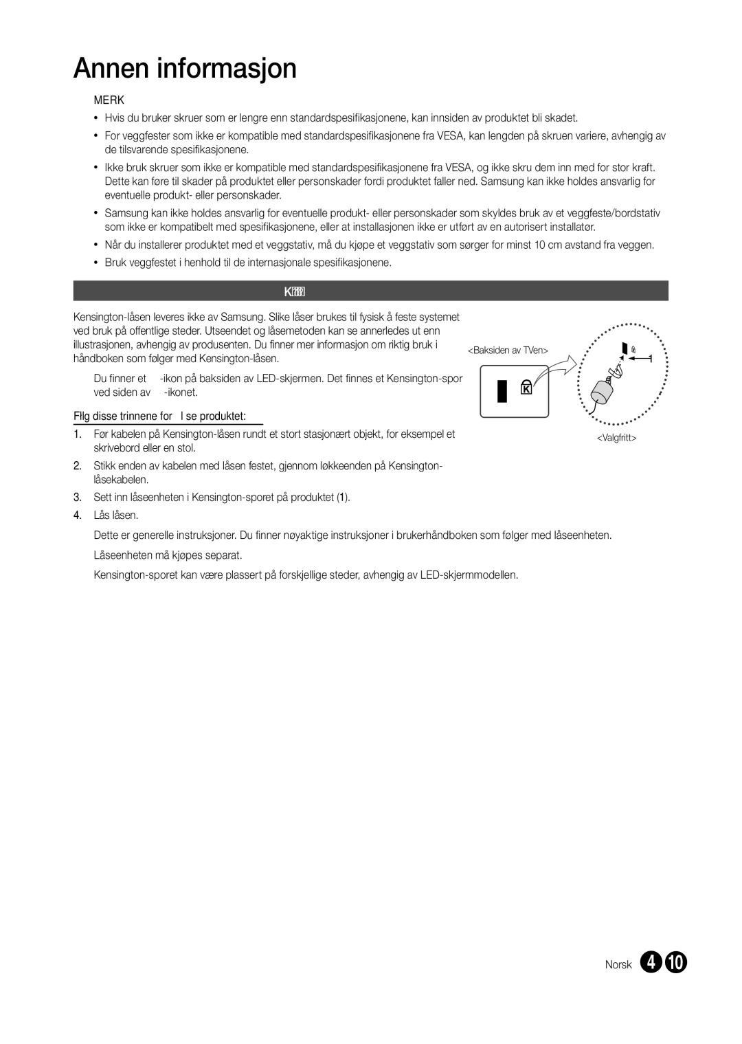 Samsung LT24B350EW/XE, LT24B300EW/XE, LT22B300EW/XE, LT27B300EW/XE, LT22B350EW/XE manual Kensington-lås for tyverisikring 