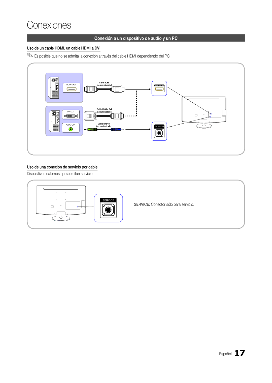 Samsung LT24B301EW/EN manual Conexión a un dispositivo de audio y un PC, Service Conector sólo para servicio Español 