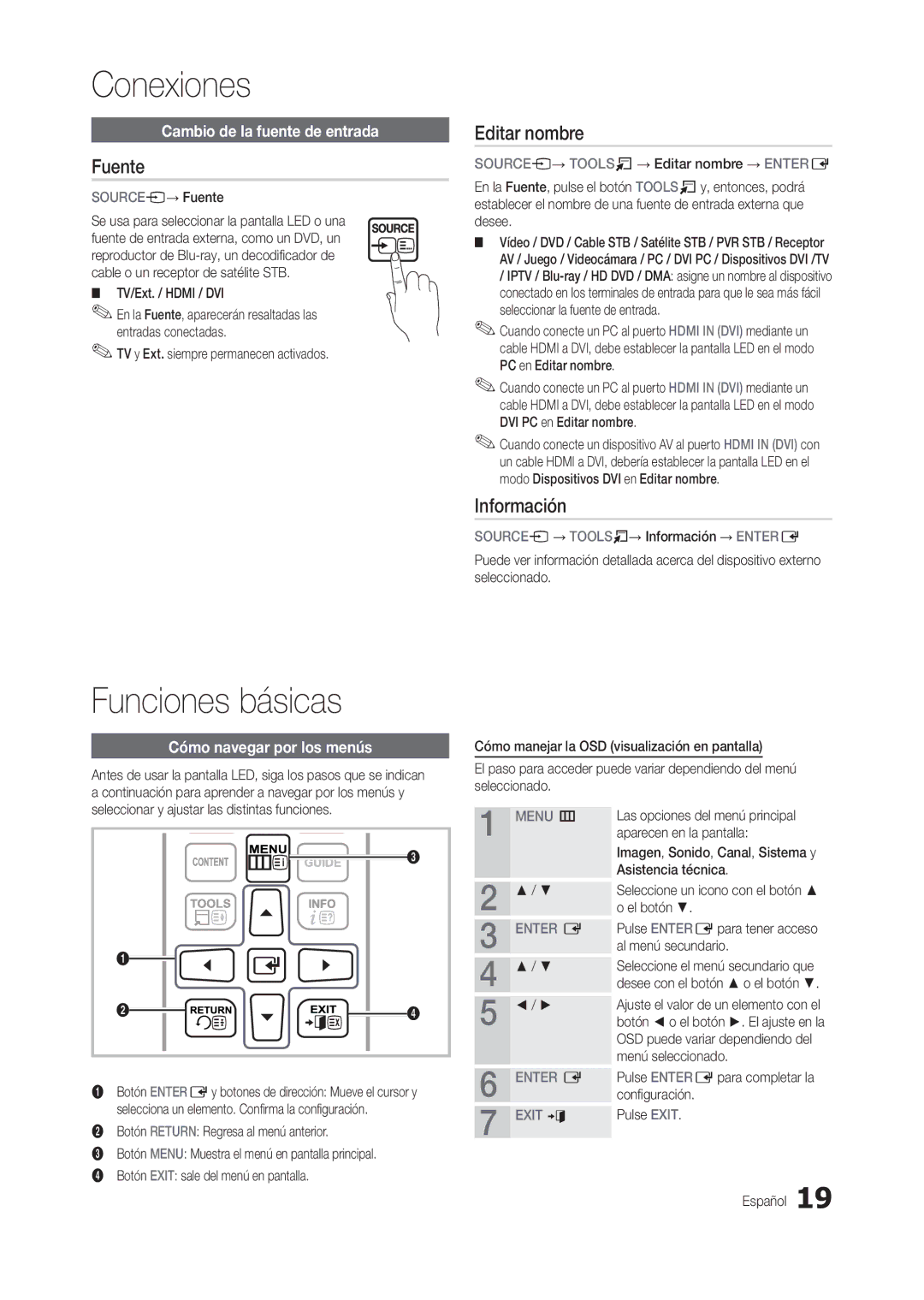 Samsung LT24B301EW/EN manual Funciones básicas, Fuente, Editar nombre, Información 