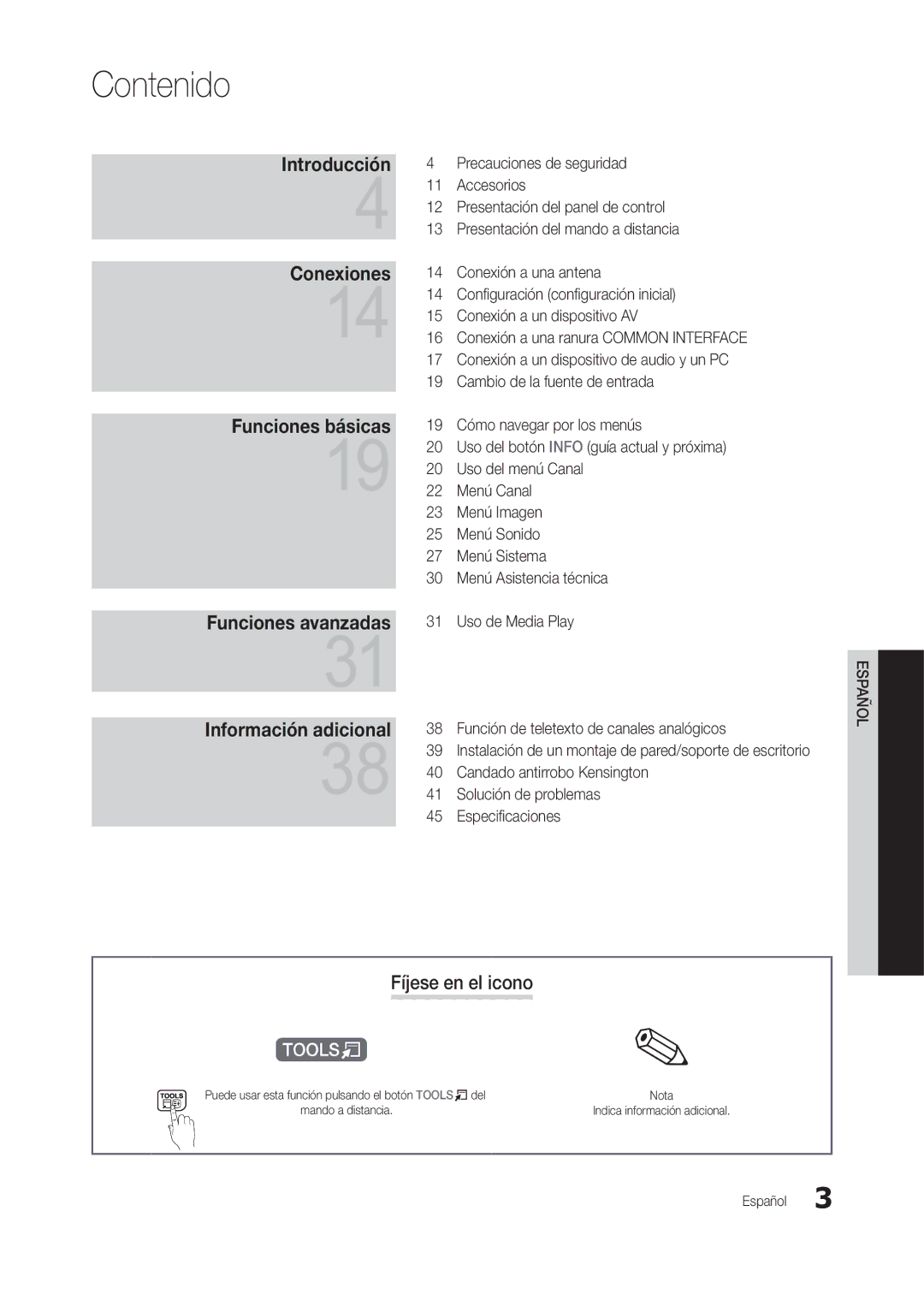 Samsung LT24B301EW/EN manual Contenido, Fíjese en el icono, Instalación de un montaje de pared/soporte de escritorio 