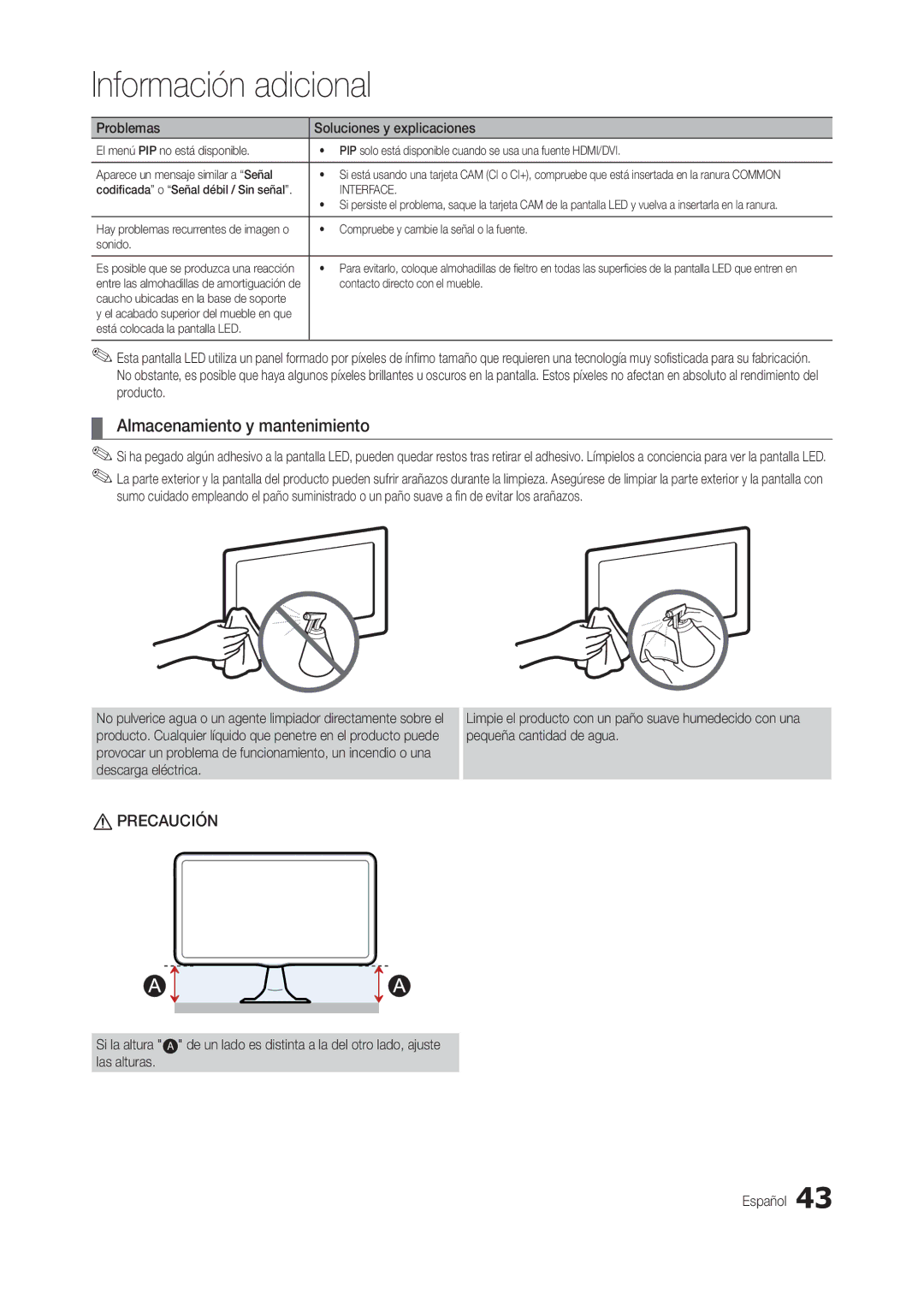 Samsung LT24B301EW/EN Almacenamiento y mantenimiento, De un lado es distinta a la del otro lado, ajuste Español, Interface 