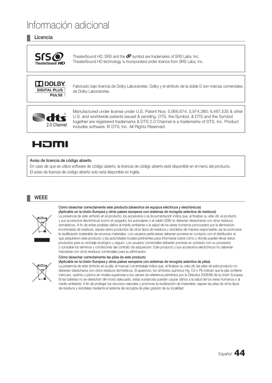 Samsung LT24B301EW/EN manual Licencia, Channel, Includes software. DTS, Inc. All Rights Reserved 