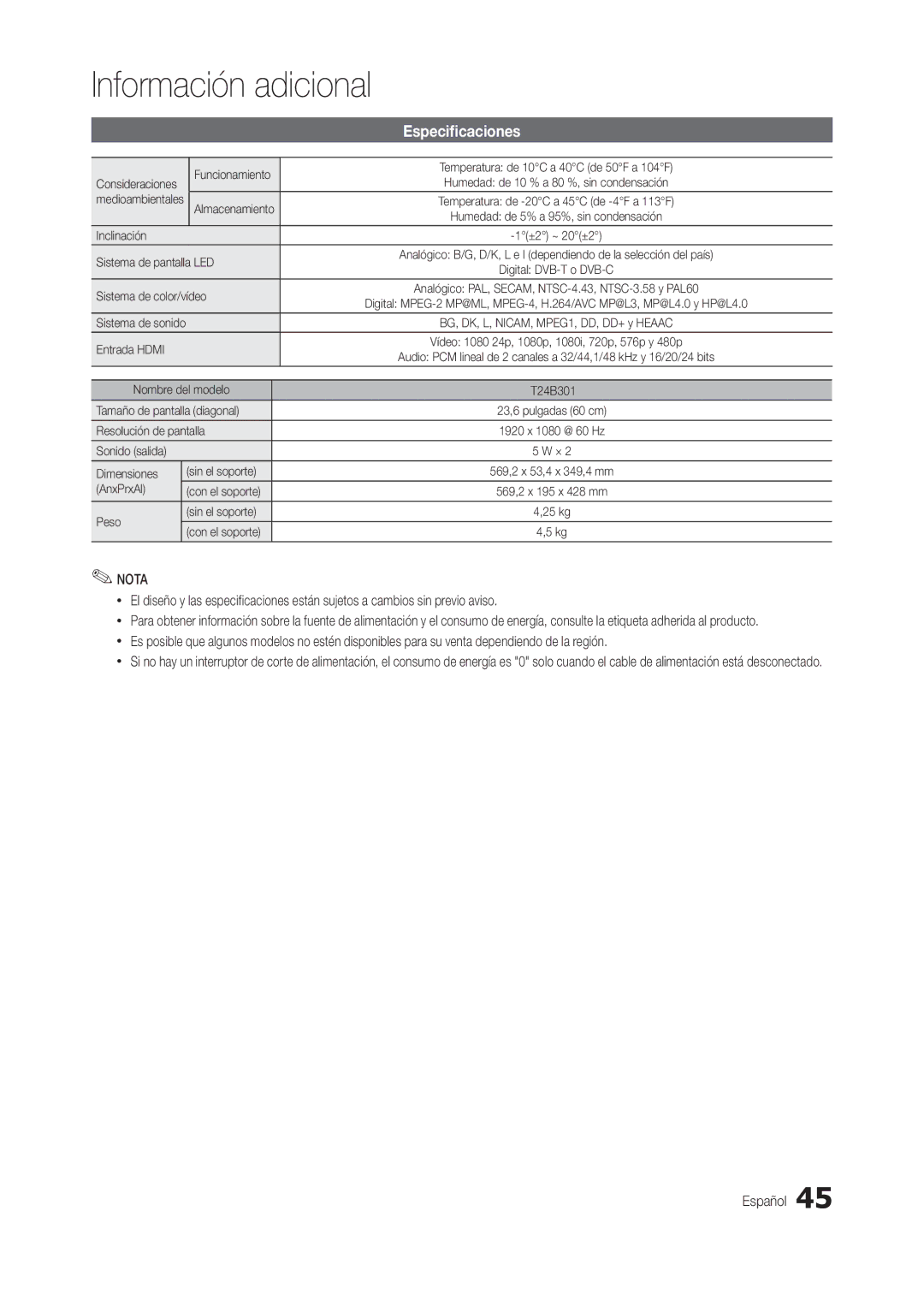 Samsung LT24B301EW/EN manual Especificaciones 