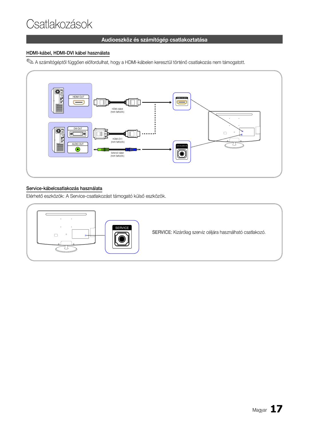 Samsung LT24B301EWY/XE, LT24B301EWY/EN, LT24B301EW/EN manual Audioeszköz és számítógép csatlakoztatása 