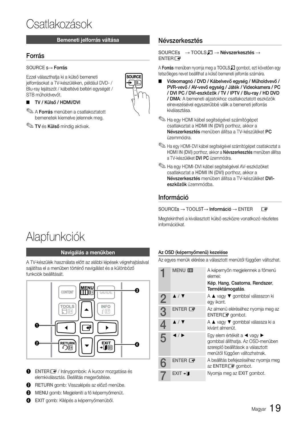 Samsung LT24B301EW/EN, LT24B301EWY/EN, LT24B301EWY/XE manual Alapfunkciók, Forrás, Névszerkesztés, Információ 