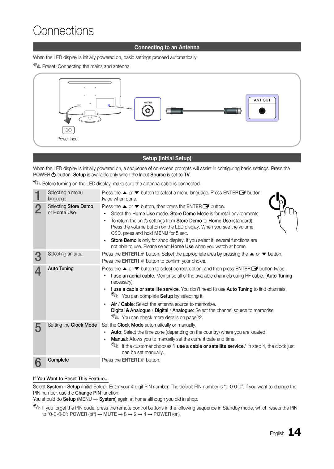 Samsung LT24B301MW/ZR, LT24B301EWY/EN, LT24B301EW/EN manual Connections, Connecting to an Antenna, Setup Initial Setup 