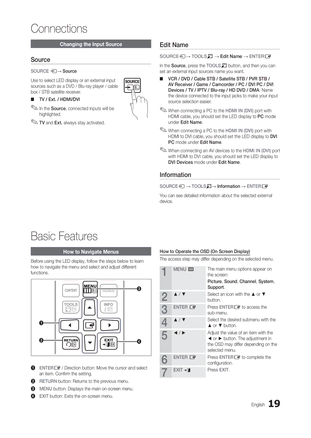 Samsung LT24B301EWY/XE, LT24B301EWY/EN, LT24B301EW/EN, LT24B301MW/ZR manual Basic Features, Source, Edit Name, Information 